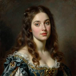 woman with long brown hair, ultra detailed, beautiful eyes, by greg hildebrandt fancy rococo baroque oil painting high quality clothed in fancy garb in pin up style