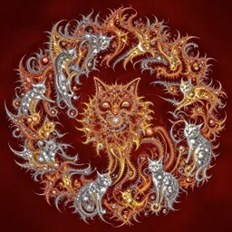 8 k uhd iterated system fractal, flame fractal, fractal cat sprouting new fractal cats, apophysis av, anti aliased, very fine ornate flames, palette of ruby, pearl, gold and silver