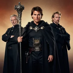 full portrait of a character of a genetic combination of tom cruise and a cat holding a ceremonial staff, dressed in a cloak, zdzislaw beksinski, lewis jones, dariusz zawadzki, wayne barlow, warhammer fantasy, cold shade, gradient background of warm tones, concept art, 4 k, ultra - high definition