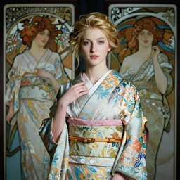 a beautiful blond woman wearing a colorful yukata, by jeremy mann and alphonse mucha, dramatic lighting, ethereal