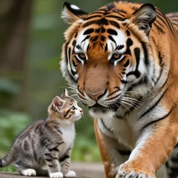 extremely small kitten staring at extremely large tiger, highly detailed