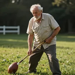 an elderly man getting hit in the groin with a 🏈 on the front lawn. long shot