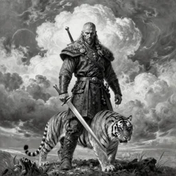 by Tom Bagshaw, ultra realistic soft painting of a viking with his sword and his tiger at his feet, horror, omnipresent sky, symmetry of precise lines, very complex details, black and white, volumetric luminous clouds