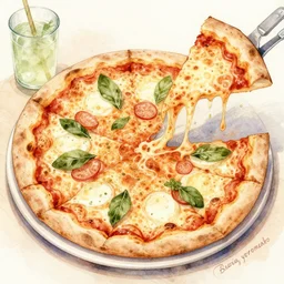 maximalist delicious pizza, by kseniia yeromenko, watercolor, illustration