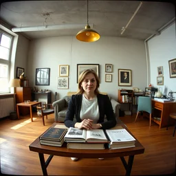 kodak portra 4 0 0, wetplate, 8 mm extreme fisheye, award - winning portrait by britt marling in a 1 9 9 0 s room, concrete, picture frames, shining lamps, 1 9 6 0 s industrial furniture, wooden floor, books