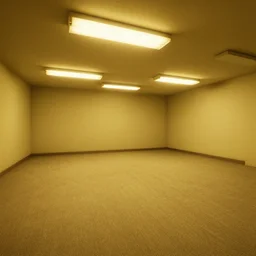 Backrooms, old moist carpet, mono-yellow, fluorescent lights, randomly segmented rooms
