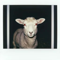 medium shot, a lamb with red eyes, evil, horror, scary, night, polaroid photo, vintage, neutral colors, by gregory crewdson,