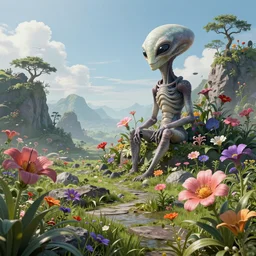 a flowering alien landscape in the style of midjourney, 8 k, unreal engine, zbrush,