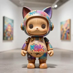 8 k octan, advertising, highly detailed, photo, a totally wooden figurine collectible art toys wooden on feet, very cute fat fashion cyborg zen with cat ears, graffiti colored cyberpunk a contemporary art gallery, symetrical, masterpiece, nofinito, design
