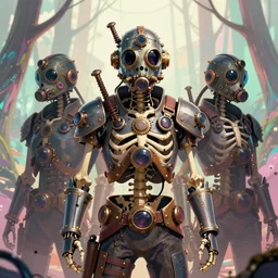 skeleton soldiers wearing a steampunk plague chemical warfare suit mask, otherwordly forest, pixiv fanbox, dramatic lighting, maximalist pastel color palette, splatter paint, pixar and disney exploded - view drawing, graphic novel by fiona staples and dustin nguyen, peter elson, clean cel shaded vector art, trending on artstation