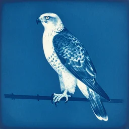 an hawk resting on a fence, an illustration of by laszlo moholy - nagy, behance, sosaku hanga, cyanotype, photoillustration, calotype