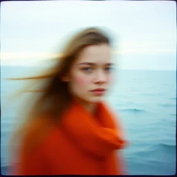kodak portra 4 0 0, wetplate, motion blur, portrait photo of a backdrop, at the sea, coloured in blueberra and orange, by britt marling, muted colours