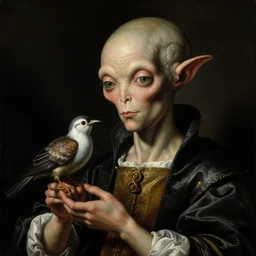 a baroque close - up portrait painting of a whimsical alien magician holding a bird. black background. highly detailed science fiction painting by norman rockwell, moebius, frank frazetta, and syd mead. high contrast. renaissance masterpiece. artstation
