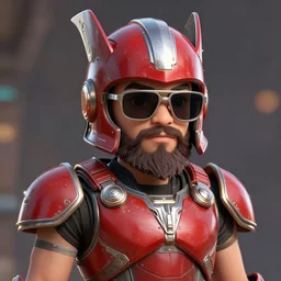 portrait anime android young cute shaved ducktail bearded moroccan man with wayfarer glasses shaped visor and red helmet with a mjolnir powered assault armor, style artstation, style greg rutkowsk, octane render, unreal engine 6, epic game graphics, fantasy, ciberpunk, conceptual art, ray tracing