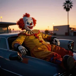 robot clown relaxing at a california drive in, in 1 9 5 2, cutecore clowncore, bathed in the the glow of the sunset, low - light photograph, in style of tyler mitchell