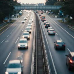a stunning aesthetic wallpaper of a highway full of traffic with a train track and bus lane, photograph, 8 k, motion blur, soft focus, cinematic lighting.