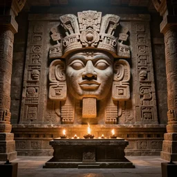 a mayan temple interior with symmetric recogniseable giant face portrait of a mayan god-emperor in the center Carved in stone relief style behind an ancient altair of sacrafice. 3d render. Realistic. Well Detailed. Torch light. Omnious, intricate. H.r. giger painting influenced by alien reliefs