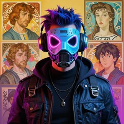 vibrant complimentary color portrait of technical masked neon diesel punk, 3 d anime, award - winning realistic sci - fi concept art by beksinski, picasso masterpiece, complimentary colors, james gilleard, bruegel, greg rutkowski, alphonse mucha, and yoshitaka amano