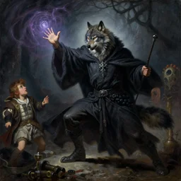 stunning male wizard wolf casting his dark spell, highly detailed painting by gaston bussiere, craig mullins, j. c. leyendecker, 8 k