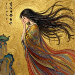 recursive image with a girl who forgot about important thing, ancient china, her long hair flowing, surreal, oil pastels and gold, in the style of katsuhiro otomo, modeled in poser, redshift render, uhd