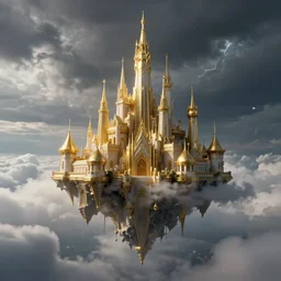 floating castle in the clouds, hyperrealistic, 8 k, octane render, unreal engine, gilded, cloudy dark electric sky, post apocalyptic hellscape, highly - detailed