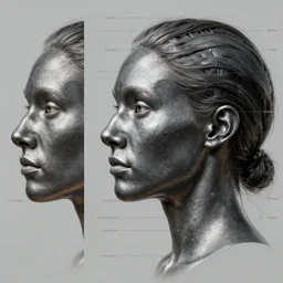 homo erectus female face with gunmetal grey skin, medical anatomy, very symmetrical face, highly detailed, profile perspective / three - view reference sheet ( front / back / side ), in the style of dan ouellette, steven jung, amanda lilleston, hr giger, sil from species, dren from splice, artstation, unreal engine