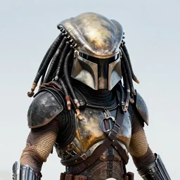 a mix between predator and a mandalorian, but it's a predator, presator, predator, symmetrical concept art close up