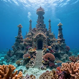 an underwater palace built from coral. marine life, ocean life. magical, enchanted.