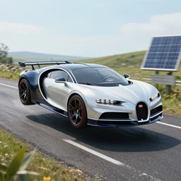 bugatti hovercraft hovering above road, solar punk product photo