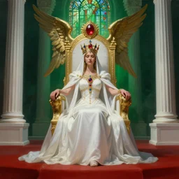 monumental fantasy painting of throne room with red ground and the queen sit with long white dress and ritual summun guardian angel gemstone ruby and saphire incrusted in golden crown and white colone like greek temple volume lighting dark green fog ray stained glass matte Photorealistic cinematic volume lighting artstation fanart contrast by Jason Felix by Steve Argyle by Tyler Jacobson by Peter Mohrbacher shapen focus instagram filter overlay HDR