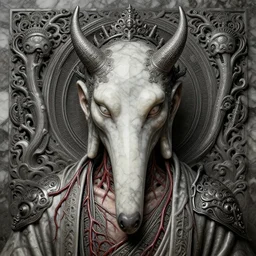 a human with dog head, naraka buddhist demon korean, tubular creature, blood vesels, dystopian surrealism, artstyle alex ries zdzisław beksinski, symmetry accurate features, very intricate details, high resolution, 4 k, symmetrical long head, smooth marble surfaces, detailed ink illustration, metal gear, cinematic smooth stone, deep aesthetic, concept art, post process, carved marble texture silk cloth, latex skin, highly ornate intricate details, in the style of wlop