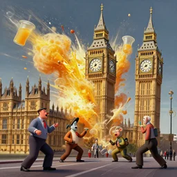 big ben destroyed by a powerful juice explosion, painting by rene magritte, grant wood and frank frazetta, 3 d rendering by beeple, wlop
