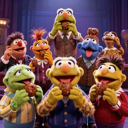 muppets movie, the muppets are too damn high and eating meatballs, trending on Artstation, 8K, ultra wide angle, pincushion lens effect