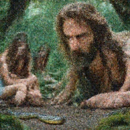 Close-up of God being angry in the Garden of Eden. Adam and Eve look very guilty and the snake is leaving the scene quietly - anatomically correct, hyperrealistic