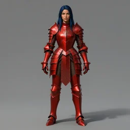 Lady in Red armor, Dark blue hair, light brown skin, green eyes, practical armor, ornamental, symmetry, by donato giancola, by RossDraws, by leng jun, matte painting, D&D, high fantasy, full body picture, no extra limbs, no extra character, trending on artstation artstationHQ, artstationHD, octane, cgsociety