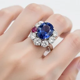 stunning ring with 4 5 carat diamond, adorned with ruby, emerald, and massive sapphire, on wife finger