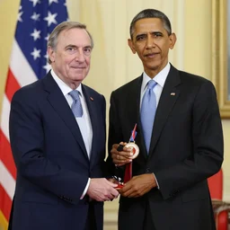 Mario Draghi gives a medal to Barack Obama