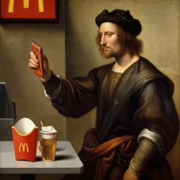 Oil painting of a man ordering at McDonald's, renaissance, highly detailed, artstation, by Leonardo da Vinci and Michelangelo