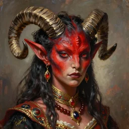 painted close - up portrait of a very attractive red - skinned intimidating demon alien girl with ram horns! oil painting, wearing a noblewoman's outfit, fantasy art by john singer sargent and gaston bussiere and james jean and greg rutkowski, demon noble character design, hd
