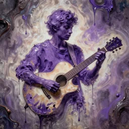 dripping purple faded paint across the shape of a human playing guitar, realistic, extremely detailed, coming out of the mystical wall