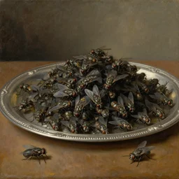 classic still life of a large pile of dead houseflies on a silver tray on a table, oil on canvas, highly detailed