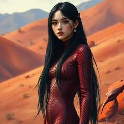 girl with long black hair in burgundy python snake skin bodysuit in sun hills biome. highly detailed, digital painting, watercolor, soviet realism, engraving, artstation, concept art, smooth, sharp focus, vivid grunge, manga, illustration, unreal engine 5, 8 k, art by bilibin and kilian eng and kuvshinov and malevich and mucha