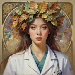 a beautiful female doctor in white coat in intricate detailed color oilpaint, 3 d render, hyper realistic detailed portrait, flocking color leaves, ornate leaves headpiece, elegant, intense colors, ruan jia, wlop. scifi, fantasy, hyper detailed, octane render, concept art, by peter mohrbacher, by alphonse mucha, by wlop, by ruan jia