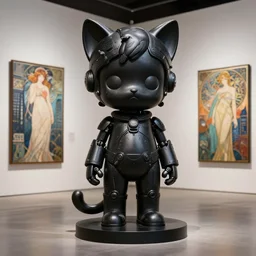 3 d octane render, ultra photorealistic, 8 k hyper detailed black image very black, a very cute roman statue robot of the anthropology, cat ears, cyberpunk, birds f cgsociety, in a contemporary art gallery, in neo tokyo, artwork by alphonse mucha