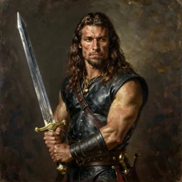 a full figure portrait of Conan the barbarian holding a sword, oil painting by Peter Paul Rubens, hd, sharp focus,