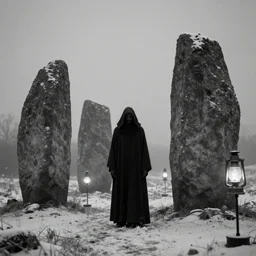 neolithic standing stones, a cloaked man stands in the shadows, by henry ossawa tanner and rembrandt, lit by gas lamps, black and white, grainy, snow, highly detailed, gloomy and foggy atmosphere, octane render, cinematic lighting, 8 k, hd