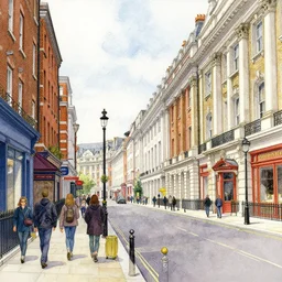 a hiper intricate watercolor of london street, extremely detailed, sharp focus, wide view, detailed rought paper, digital illustration, colorfull, by william turner art, by greg rutowski, by carl larson, by edmund dulac