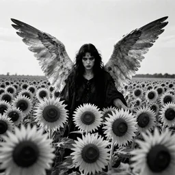 An angel in a field of sunflowers. Film Noir, Black and White. High Contrast, Mike Mignola, OSR, DnD, Occult