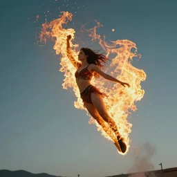 realistic cinematic photo of phoenix girl in flames flying in the sky