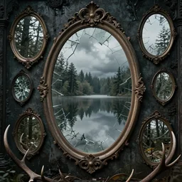mirrors, shattered fractured glass textures everywhere, antlers, lake, reflections, massive oval mirrors, cinematic, filmic, ray tracing reflections, detailed and intricate, elegant, ornate, realistic, stormy weather, ominous, dark dank wet walls, portals, true detective, forest